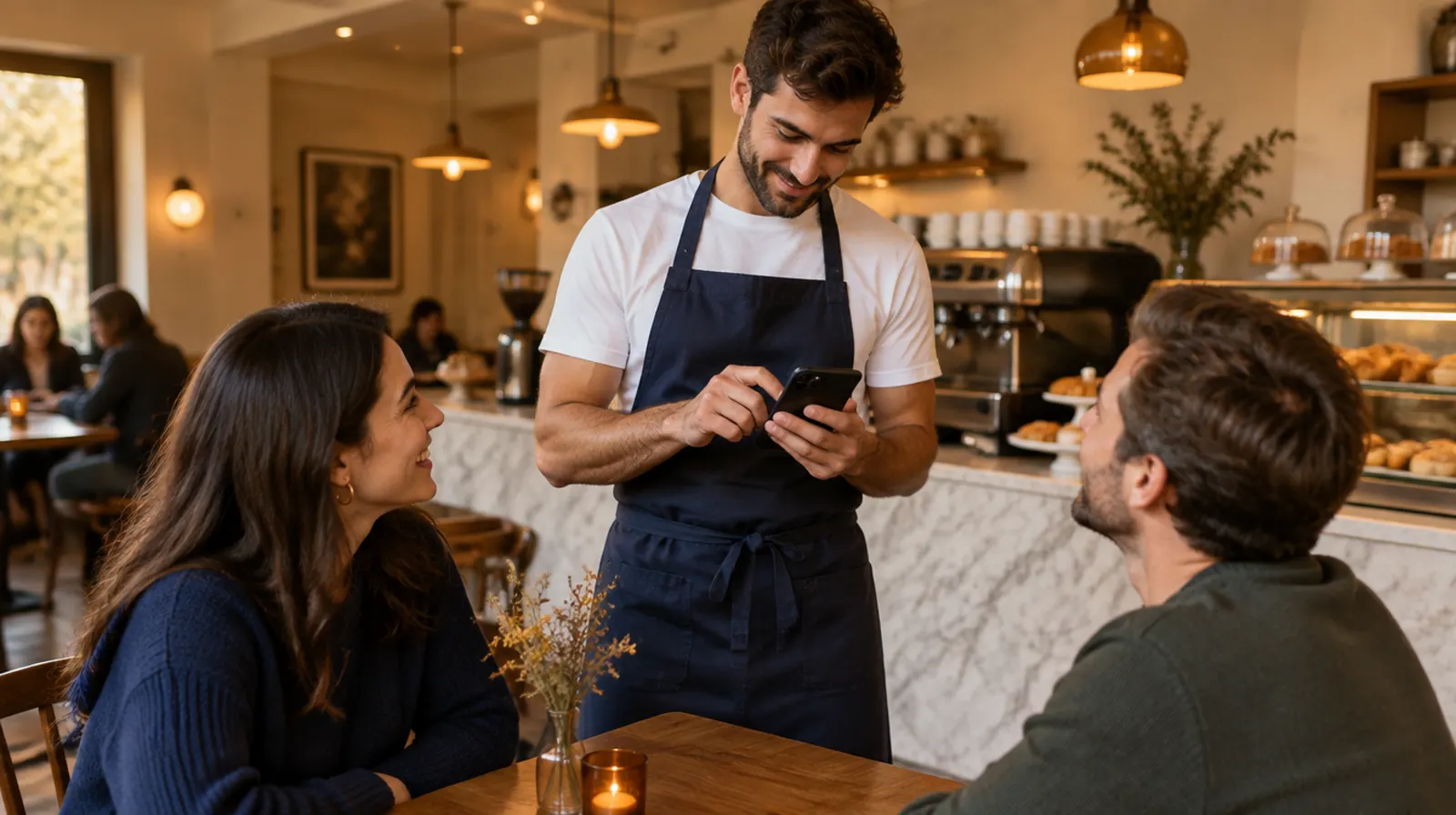 Garson masadaki iki misafirin siparişini telefonundan alıyor